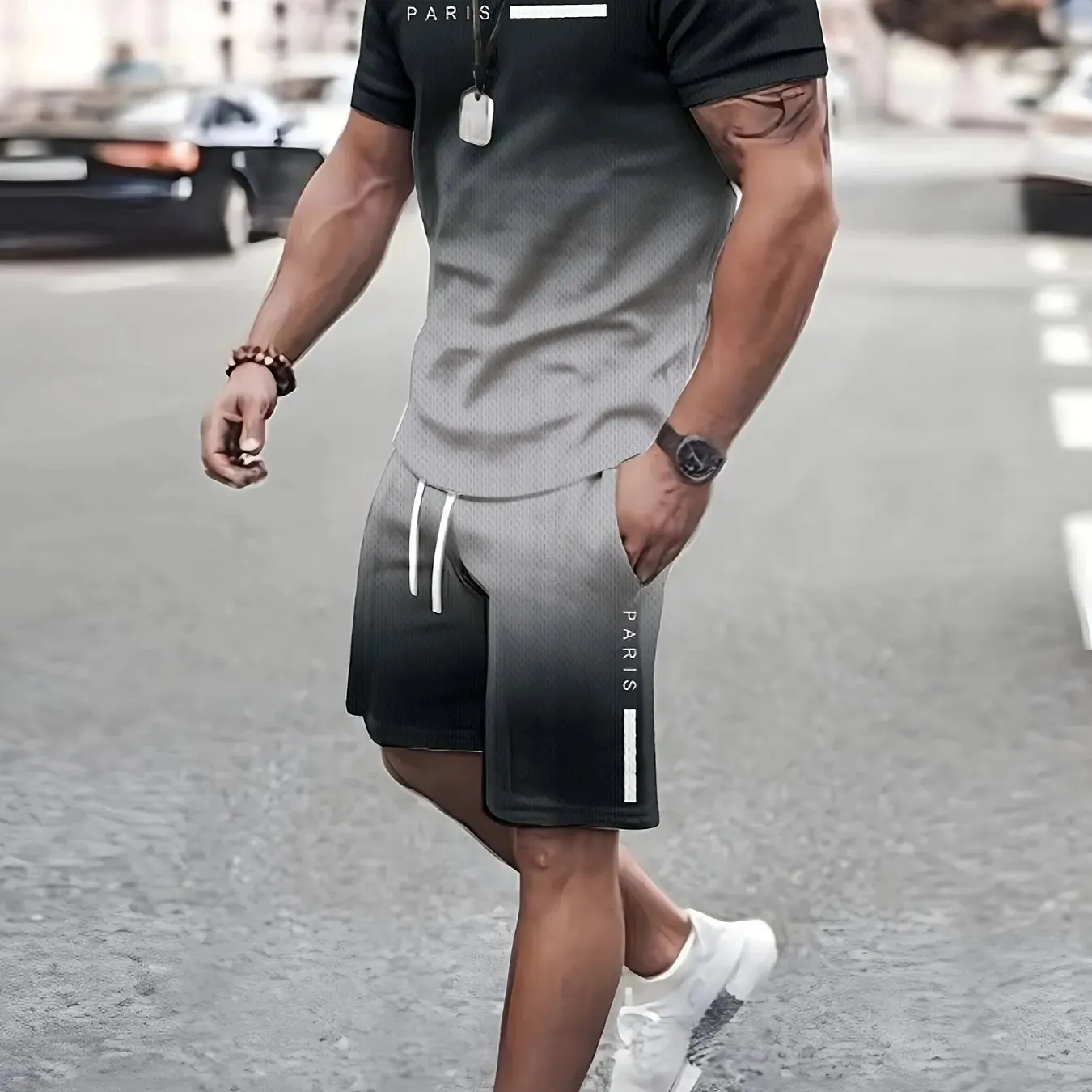 Convertible Design 2 Piece Men's Fashion Summer Resort Clothing Set, Men's Gradient Short Sleeve T-Shirt and Pocket Drawstring Shorts Set