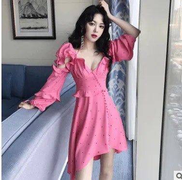 2021 spring new women's wave point ruffled irregular dress seaside holiday a generation Glam Touch Comfortable casual dress