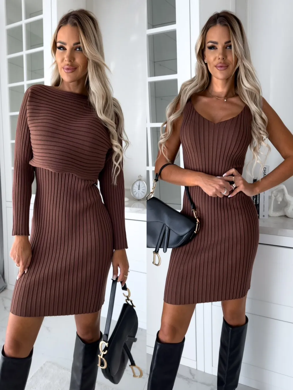 Delicate Lines Casual Wear 2pcs Suit Women's Solid Stripe Long-sleeved Top And Tight Suspender Skirt Fashion Autumn Winter Slim Clothing
