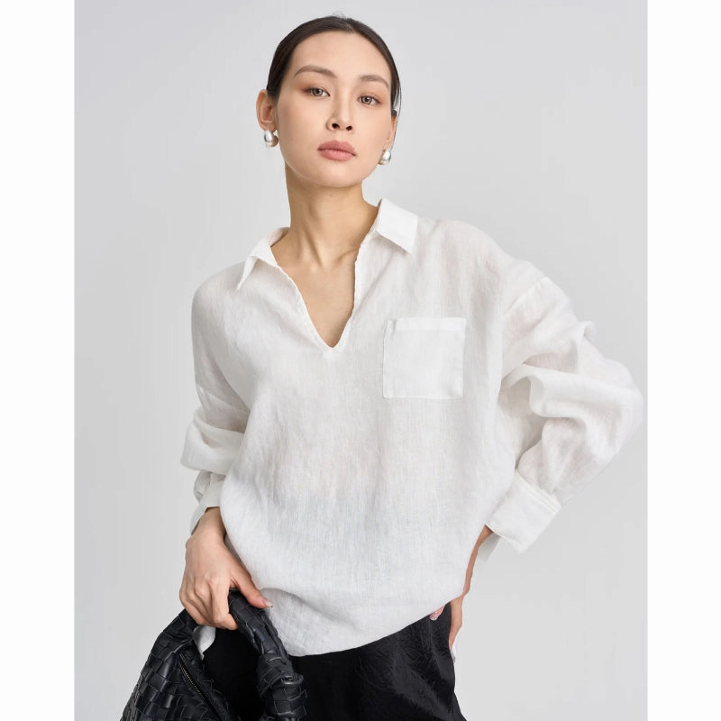 Linen V-neck Long Sleeved Shirt for Women Waffle Weave