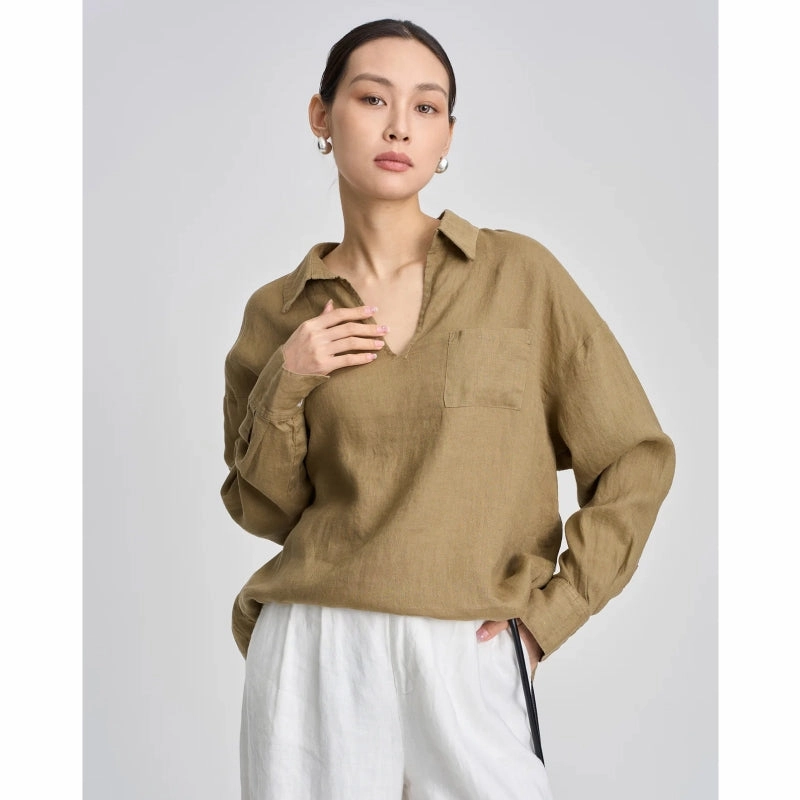 formal dinner sporty wear Linen V-neck Long Sleeved Shirt for Women