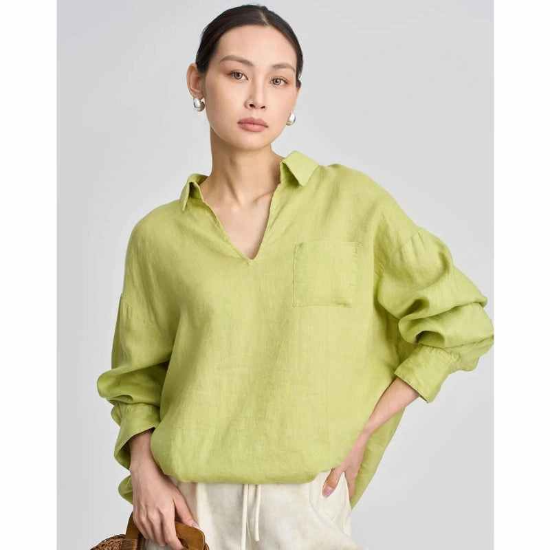 Linen V-neck Long Sleeved Shirt for Women Vibrant Colors Pocket Detail