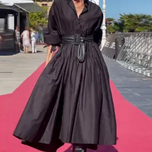 Dance Night Solid Color Pleated Design Puff Sleeve Shirt Large Swing Dress Female