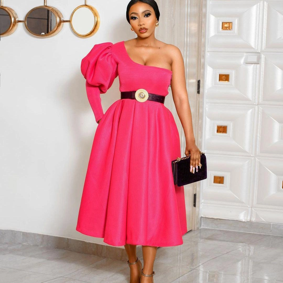Medium Length Evening Dress With Off-The-Shoulder Bubble Sleeves High Waist Chic and Cozy Wear