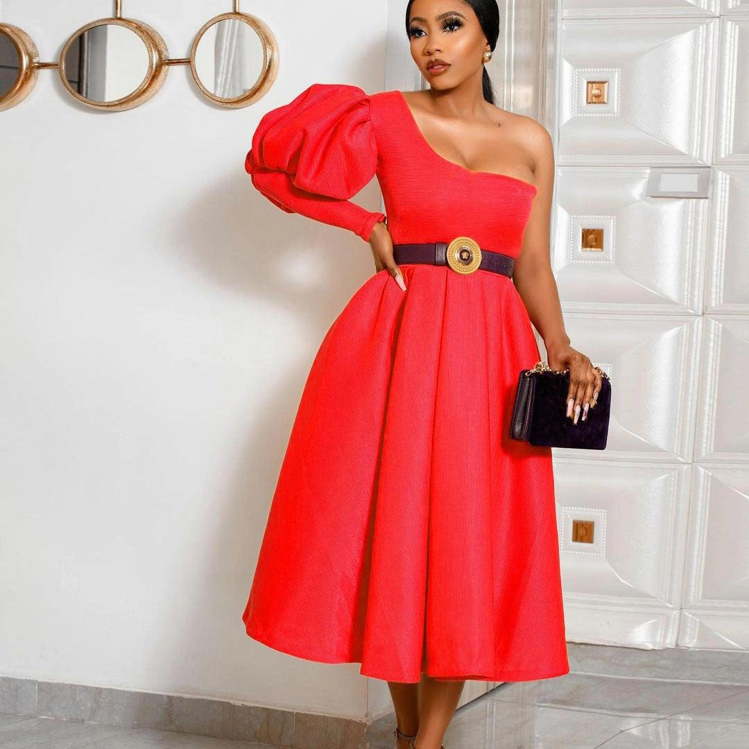 Vacation Outfit Soft Curve Medium Length Evening Dress With Off-The-Shoulder Bubble Sleeves