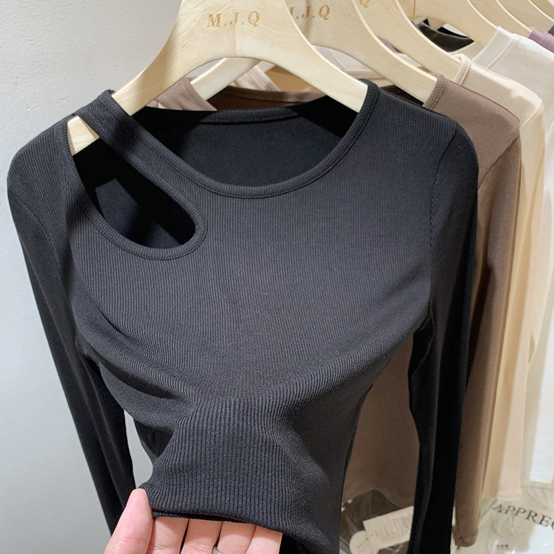 Soft Material Round Neck Collarbone Bottoming Shirt Women's Hollow Long Sleeve T-shirt
