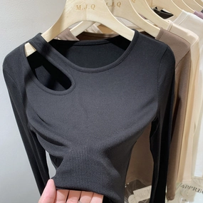 Soft Material Round Neck Collarbone Bottoming Shirt Women's Hollow Long Sleeve T-shirt