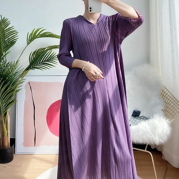 Work Chic Women's Hooded Pleated Loose Maxi Dress