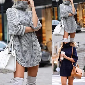 Women's Solid Turtle Neck Sweater Dress Soft Shine Relaxed and Elegant