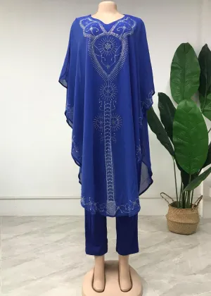 Gentle Flow Timeless Fit Look African Women's Hot Drilling Large Size Chiffon Round Neck Blouse And Pants 3-piece Set