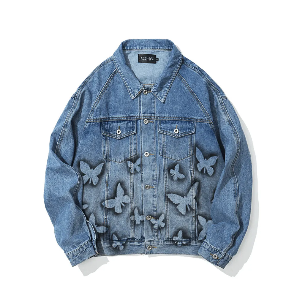 Butterfly Print Denim Jacket Men'S Ins European and American Trendy Brand Jacket Classic Ribbed Cuffs