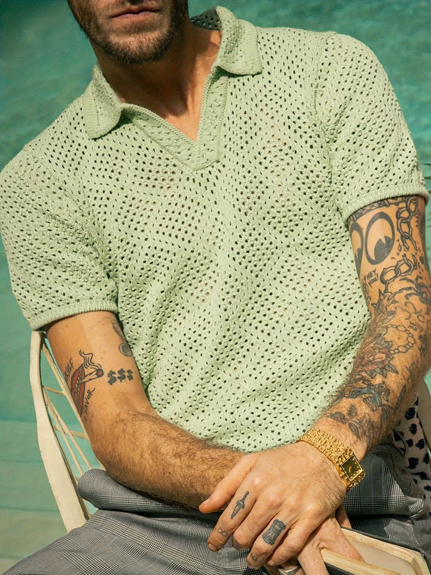 Men's Summer Knitted Short-sleeved Woolen Shirt LatticeKnit EthicallySourcedMaterial