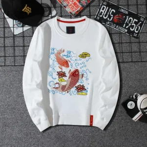 Smooth Texture Bright Colors Embroidered round Neck Loose Collarless Sweater Men