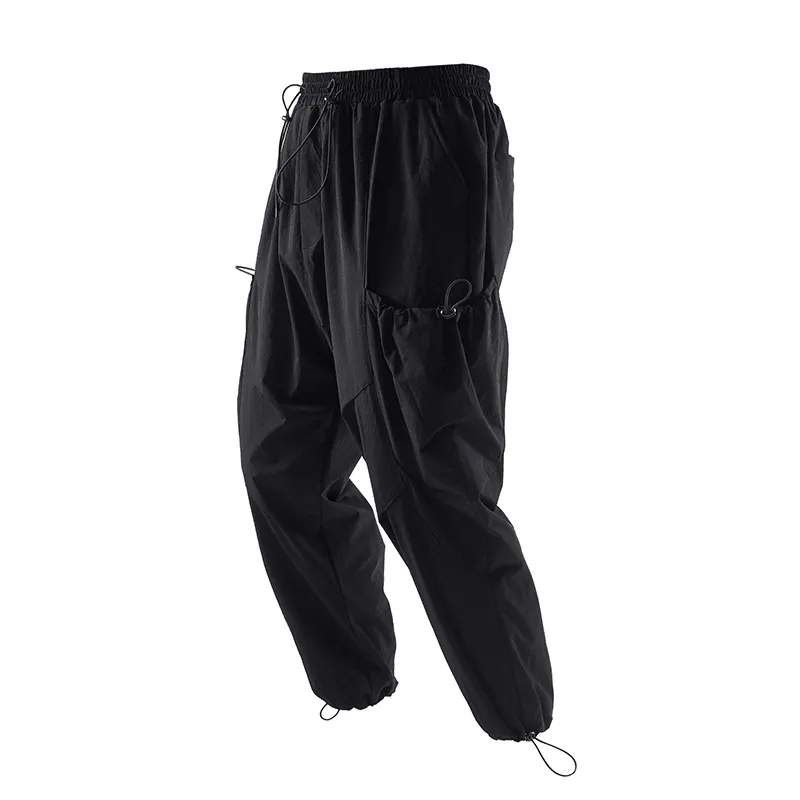 All-Match Casual Big Pocket Drawstring Tooling Trousers Structured Hemline Sleek Design