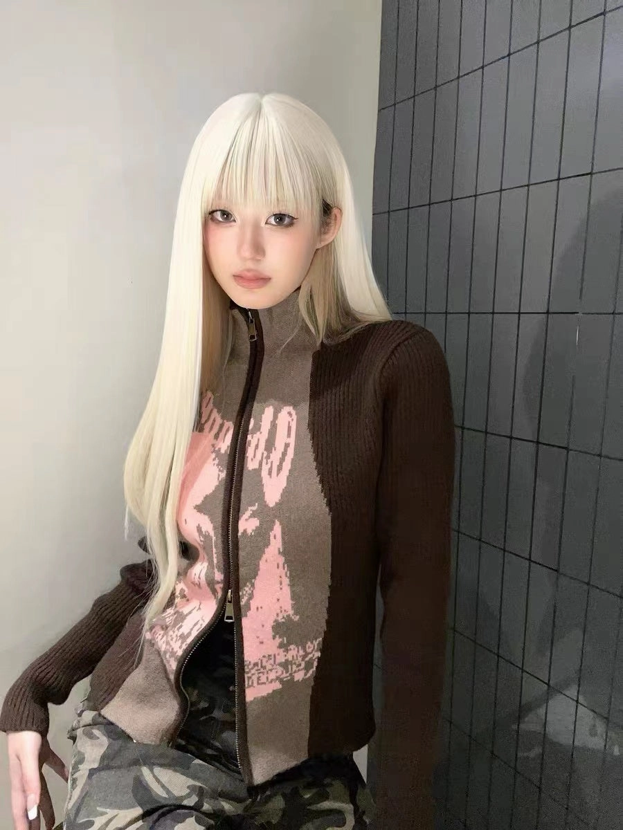 Women's Jacquard Knitted Sweater Zipper Cardigan Outerwear Casual Knit