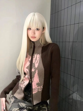 Women's Jacquard Knitted Sweater Zipper Cardigan Outerwear Casual Knit