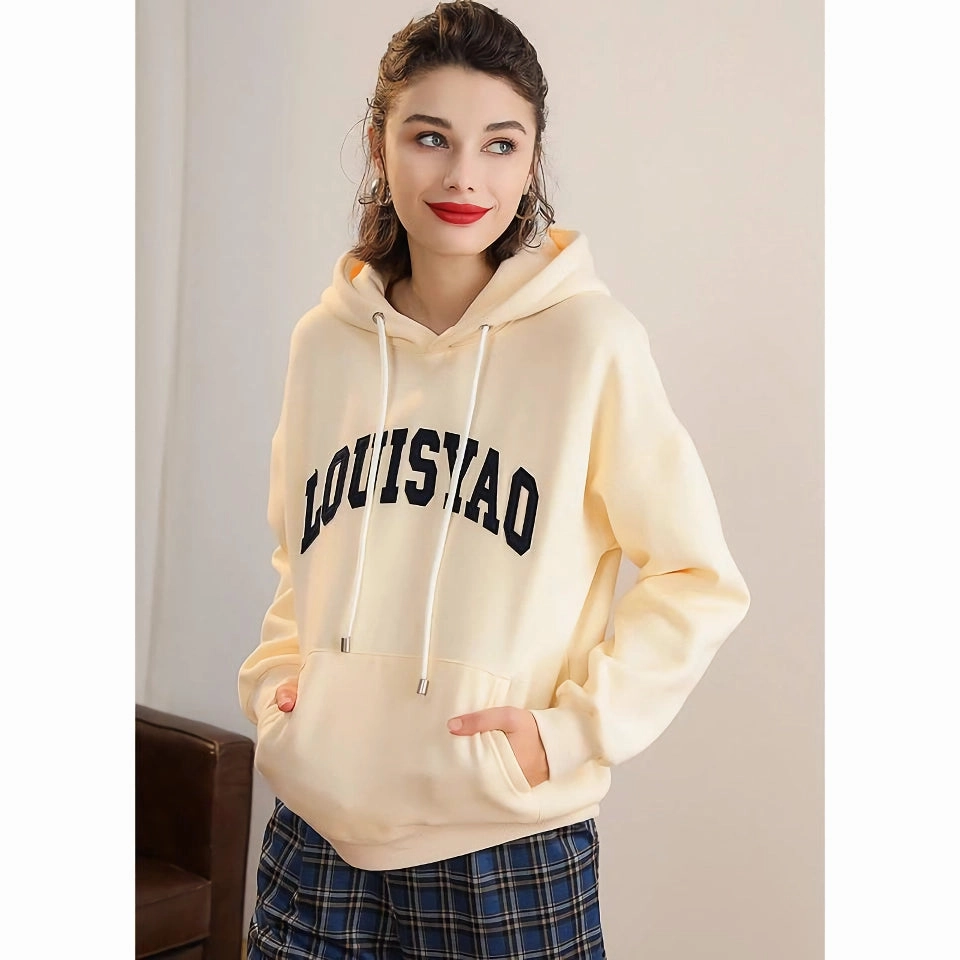 Hooded Drawstring Embroidered Patch Drop-Shoulder Pullover Hoodie Hip Hop Fashion