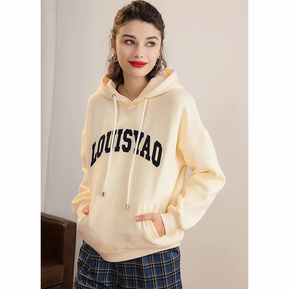 Hooded Drawstring Embroidered Patch Drop-Shoulder Pullover Hoodie Simple Look