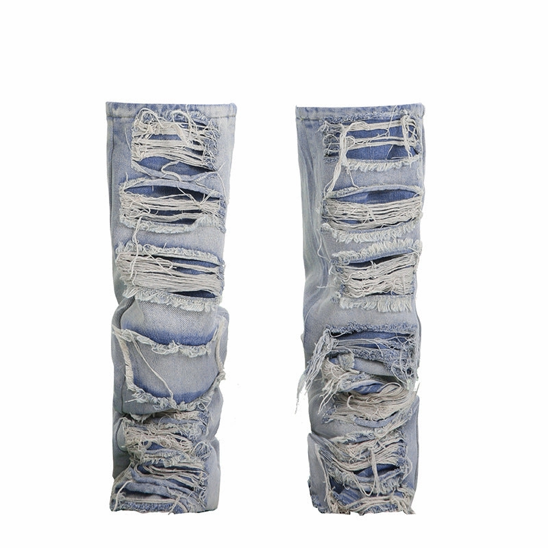 Ripped Design Sense Outdoor All-matching Personality Denim Leg Warmer Female Mid Rise Fit Breathable Feel