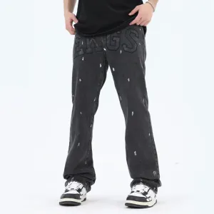 American Retro High Street Loose Straight Mop Leather Splash-ink Jeans Rainy Day Brunch Outfit