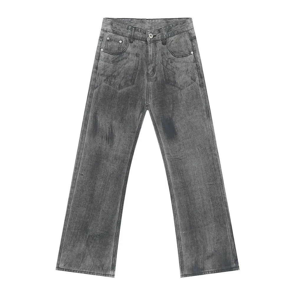 Base Look Stone Wash Finish American-style Fashionable Black And Gray Washed Jeans