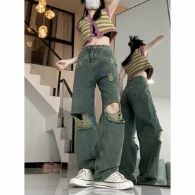 Sharp Edge American Dark Green Torn Jeans With Wide Leg Pants For Women