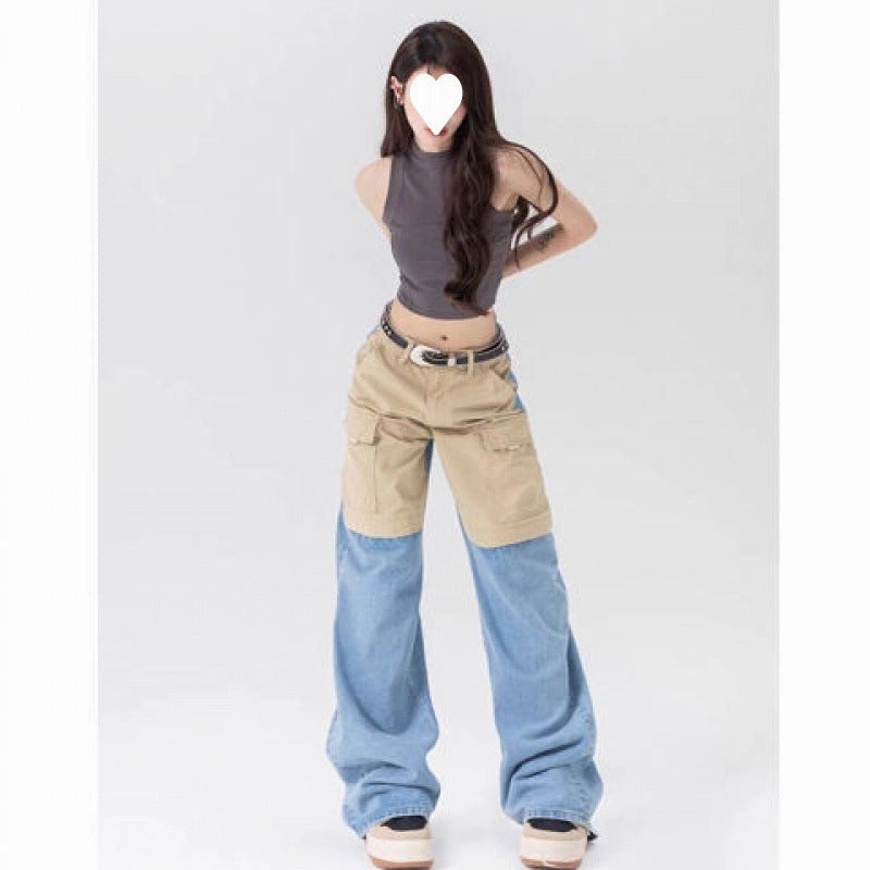 American Hot Girl Contrast Color Wide Leg Jeans Women Everyday Look Athlete Fit High Quality