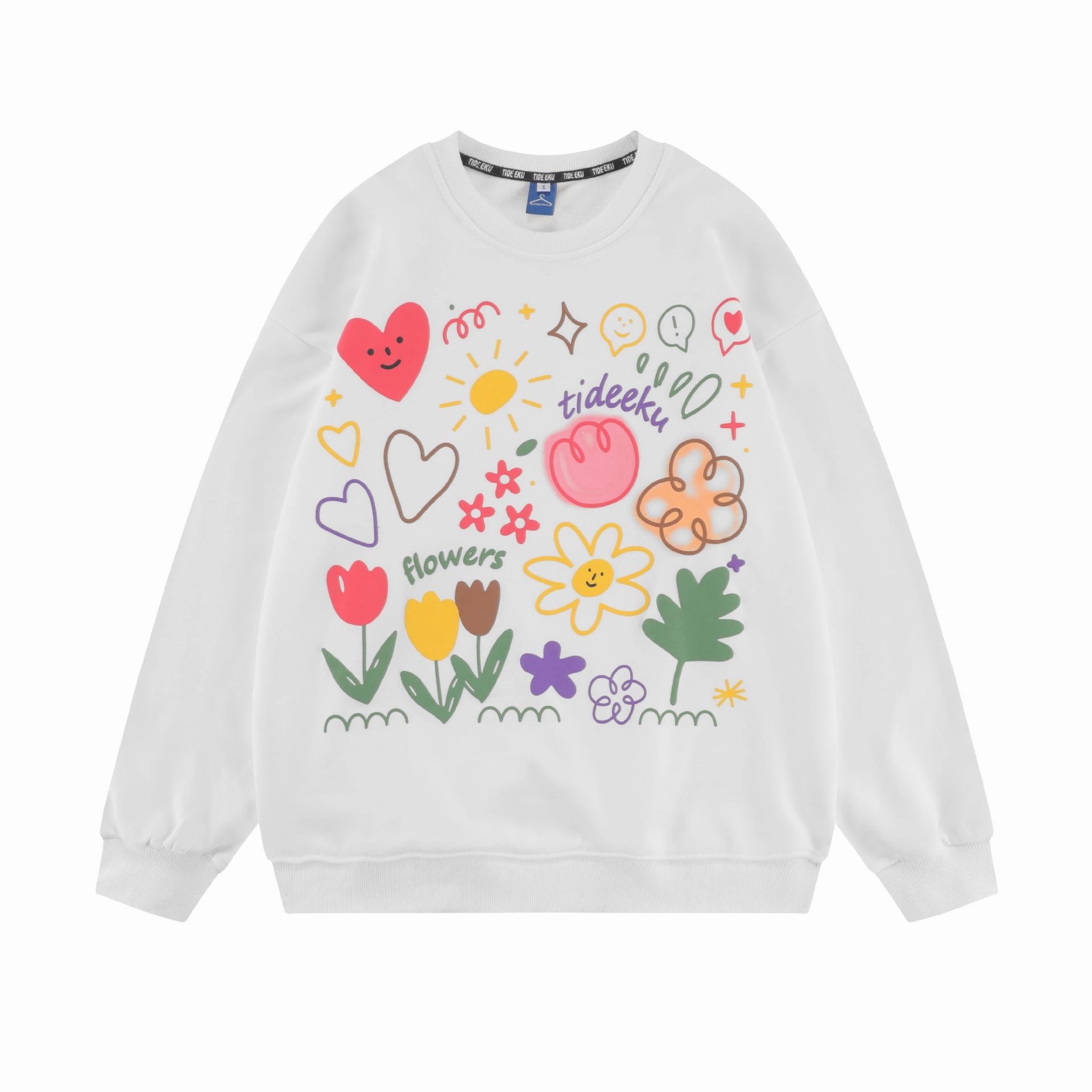Elastic hem American Tide Brand Round Neck Loose Top Ins Couples Niche Floral Print Sweatshirt