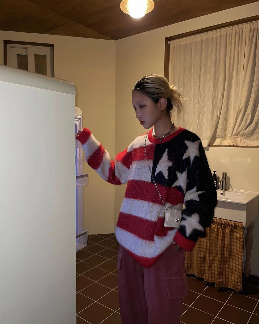 American Vintage Street Fashion Star Stripe Spliced Round Neck Loose Sweater Chilly Day Style Comfy Wearable