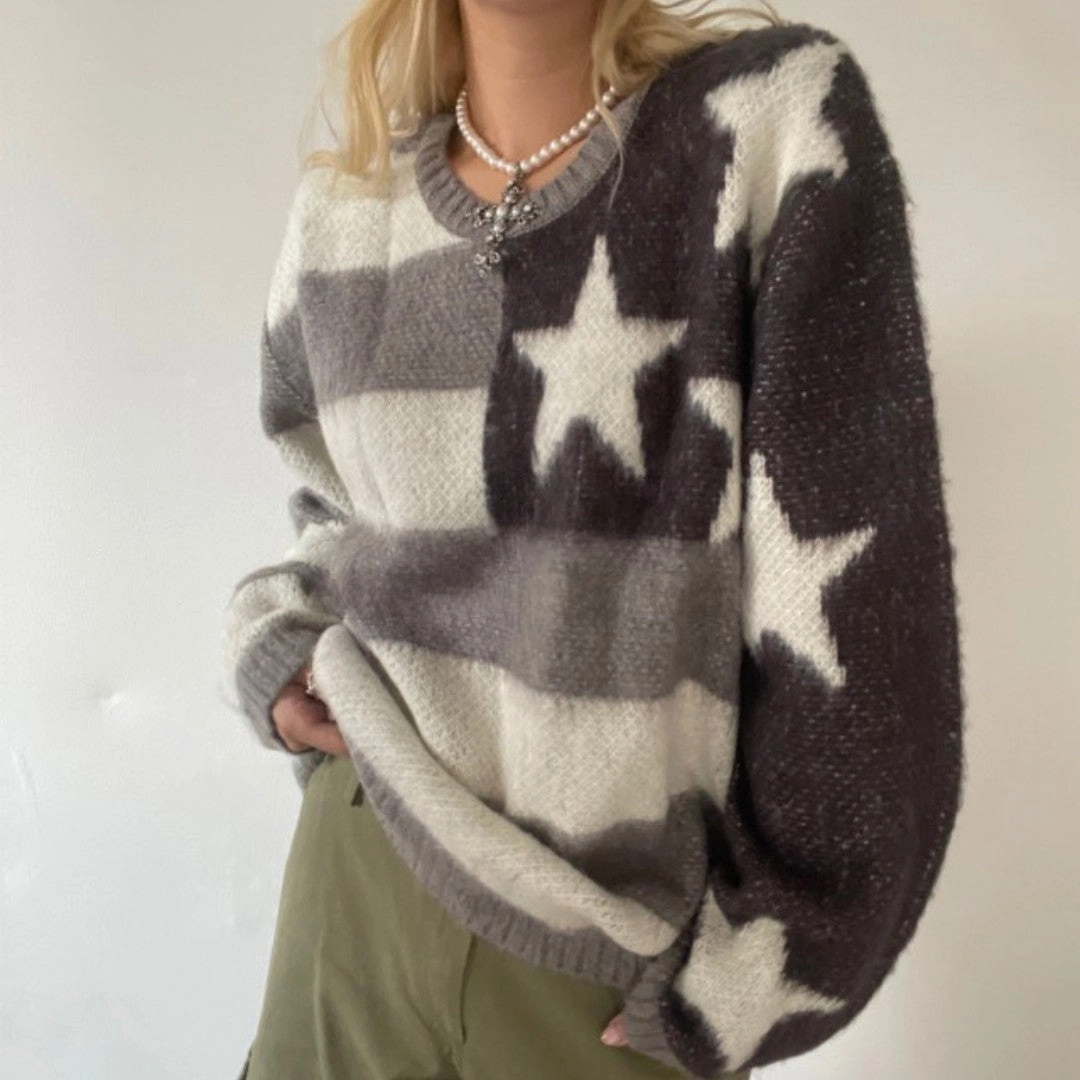 All-Purpose Knit American Vintage Street Fashion Star Stripe Spliced Round Neck Loose Sweater