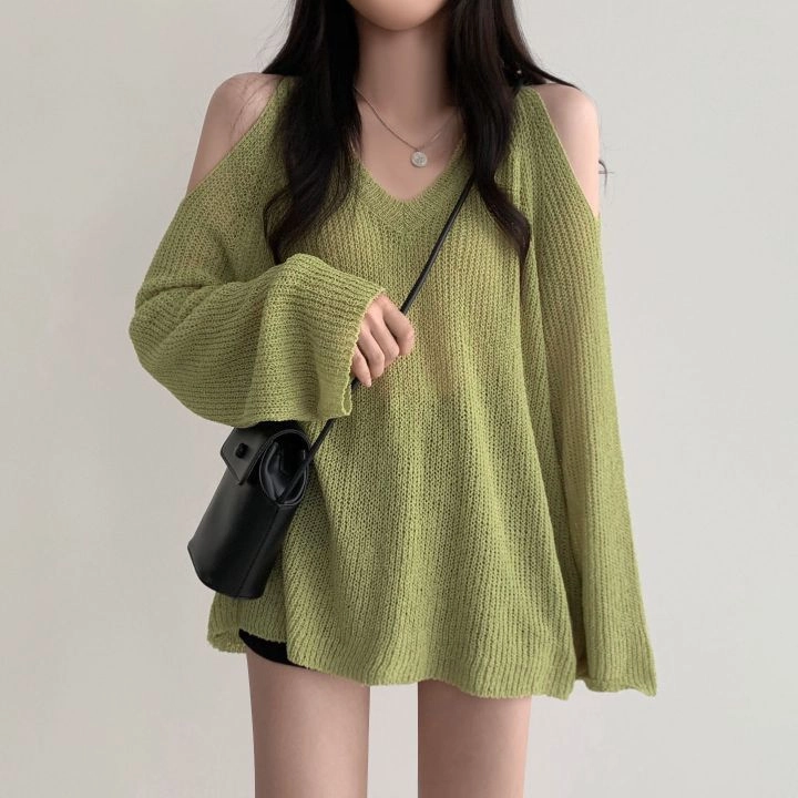 Light Stretch Fit Cozy Fabric Women's Off Shoulder V-neck Long Sleeved Thin Knit Shirt