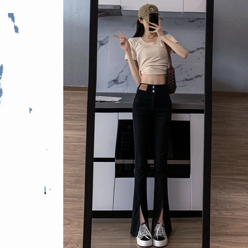 New Spring And Fall Straight High Waist Thin Wide Leg Slit Micro Flare Black Chill Attire