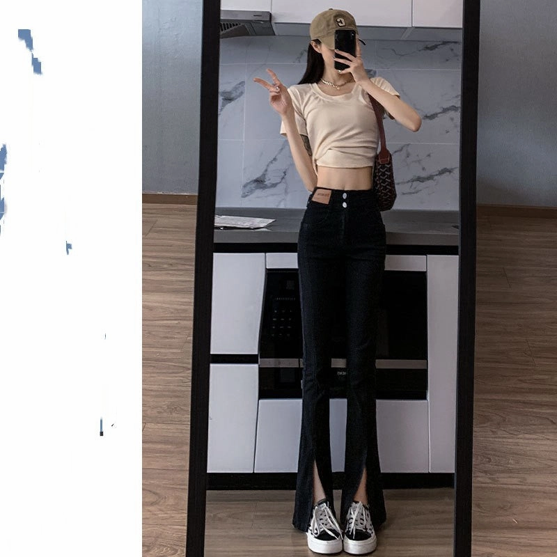 Popular Option New Spring And Fall Straight High Waist Thin Wide Leg Slit Micro Flare Black