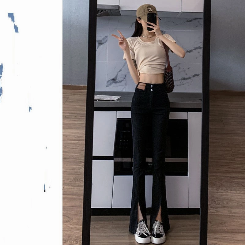 Any Occasion Button Fly Option New Spring And Fall Straight High Waist Thin Wide Leg Slit Micro Flare Black