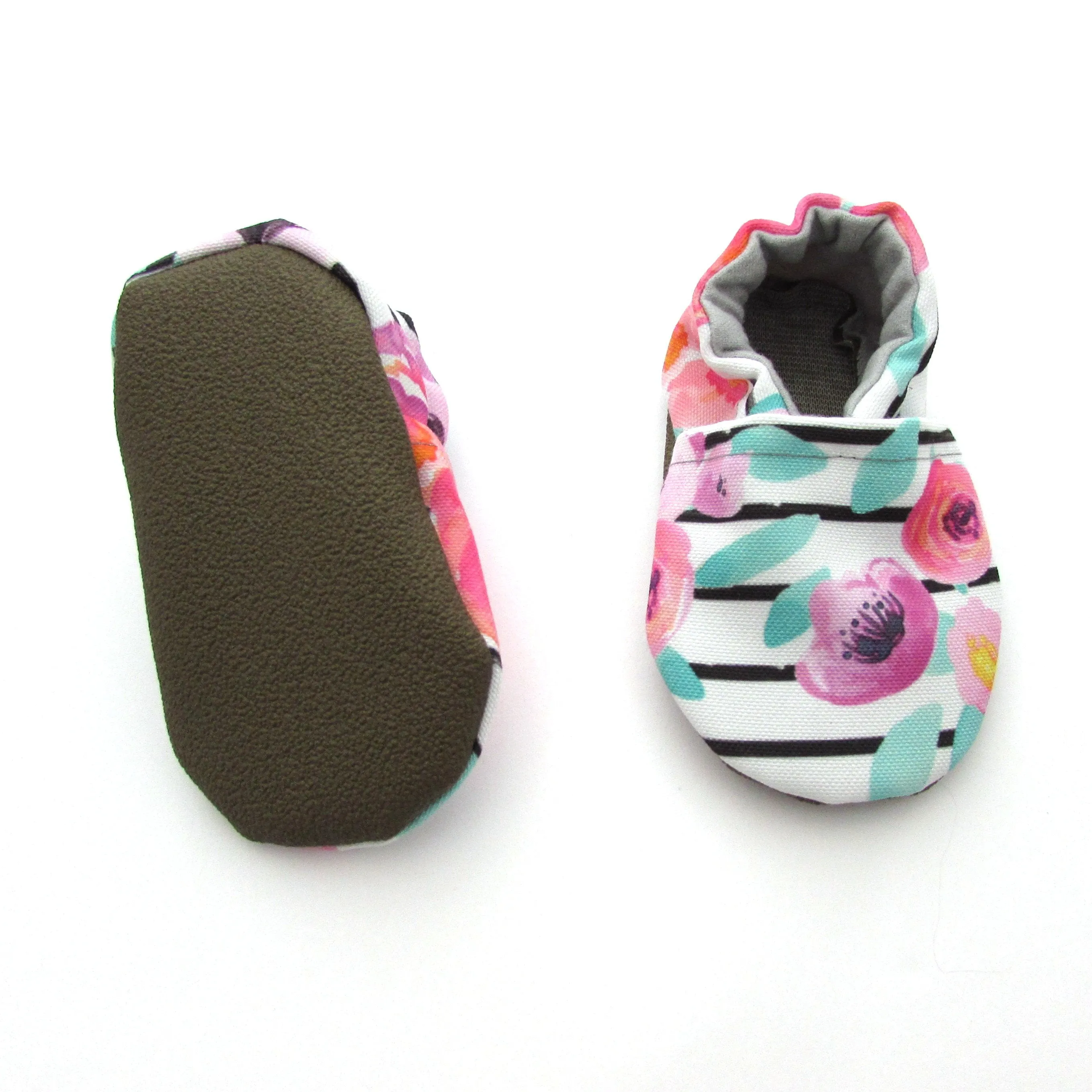 Floral Stripe Eco-Canvas Baby Shoes Noise Reducing Sole Foot Care