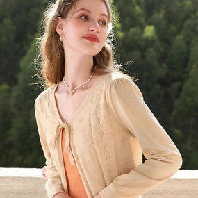Classic Style Apricot Elegant V-Neck French Style Knit Cardigan