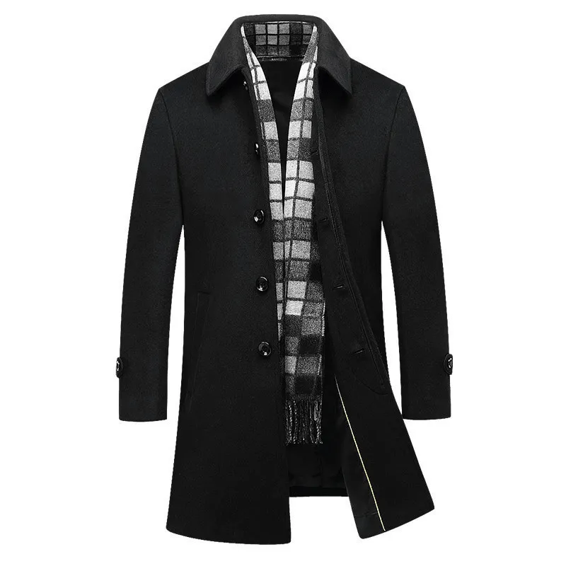 Full Length Zipper Closure New Men'S Long Coat Lapel Woolen Coat Business Wool