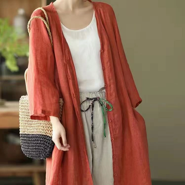 Artistic Plus Size Loose Mid-length Cotton And Linen Shirt Solid Color Hidden Ventilation Zones Fashion Use