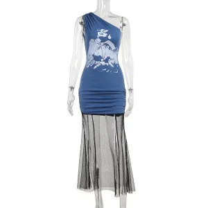 High-Low-Hem Regular-fit European And American Style Portrait Printing Dress Women