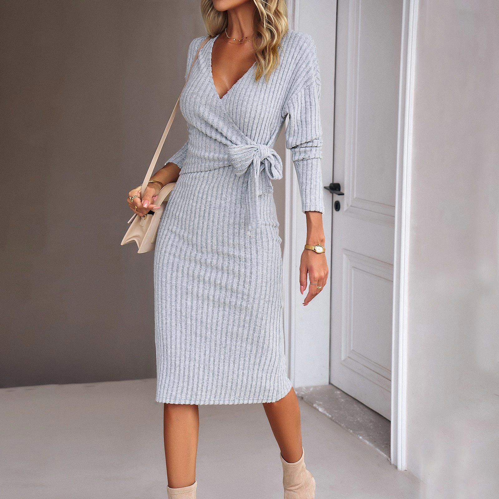 Autumn And Winter V-neck Long Sleeve Knitted Tied Dress Non Irritating Seams Cozy and Soft
