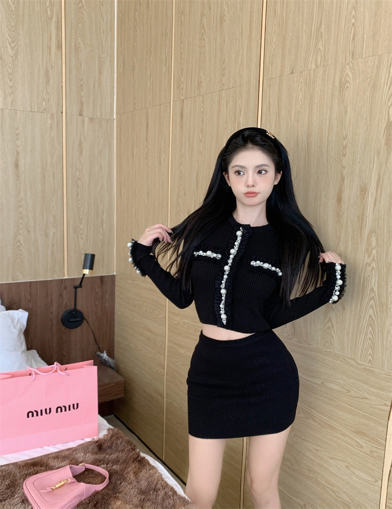 Autumn Black Sweet Slim Short Long-sleeved Knitted Cardigan Top equestrian wear stage outfit