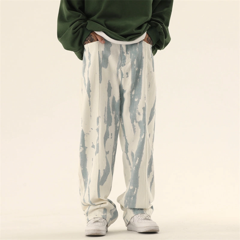 Autumn Draping Effect Tie-dyed Design Jeans For Men Trend Design Perfect Waistband