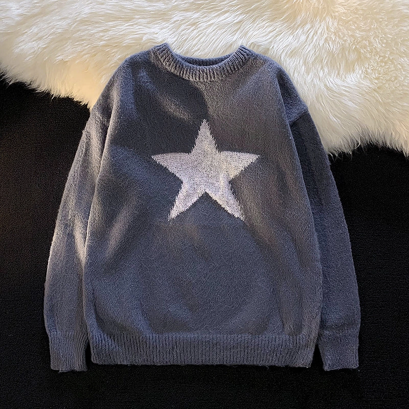 Brushed Interior Light Layer Autumn Star Print Round Neck BF Pullover Sweater