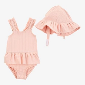 Baby 2-Piece Sun Hat & Ruffle 1-Piece Swimsuit Set 1S898010-650 Durable Reinforced Elbows Stretch Weave Construction