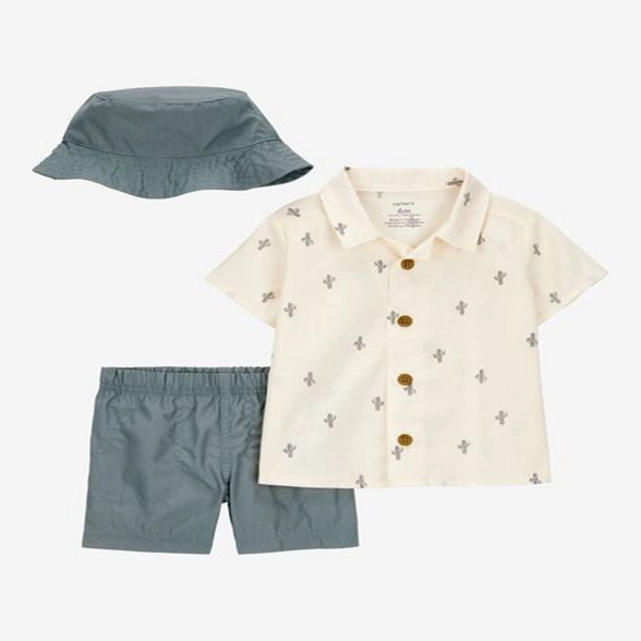 Softened Edges Sporty Blouse Baby Boy 3-Piece Cactus Short & Hat Set - Ivory/Green 1S451210-969