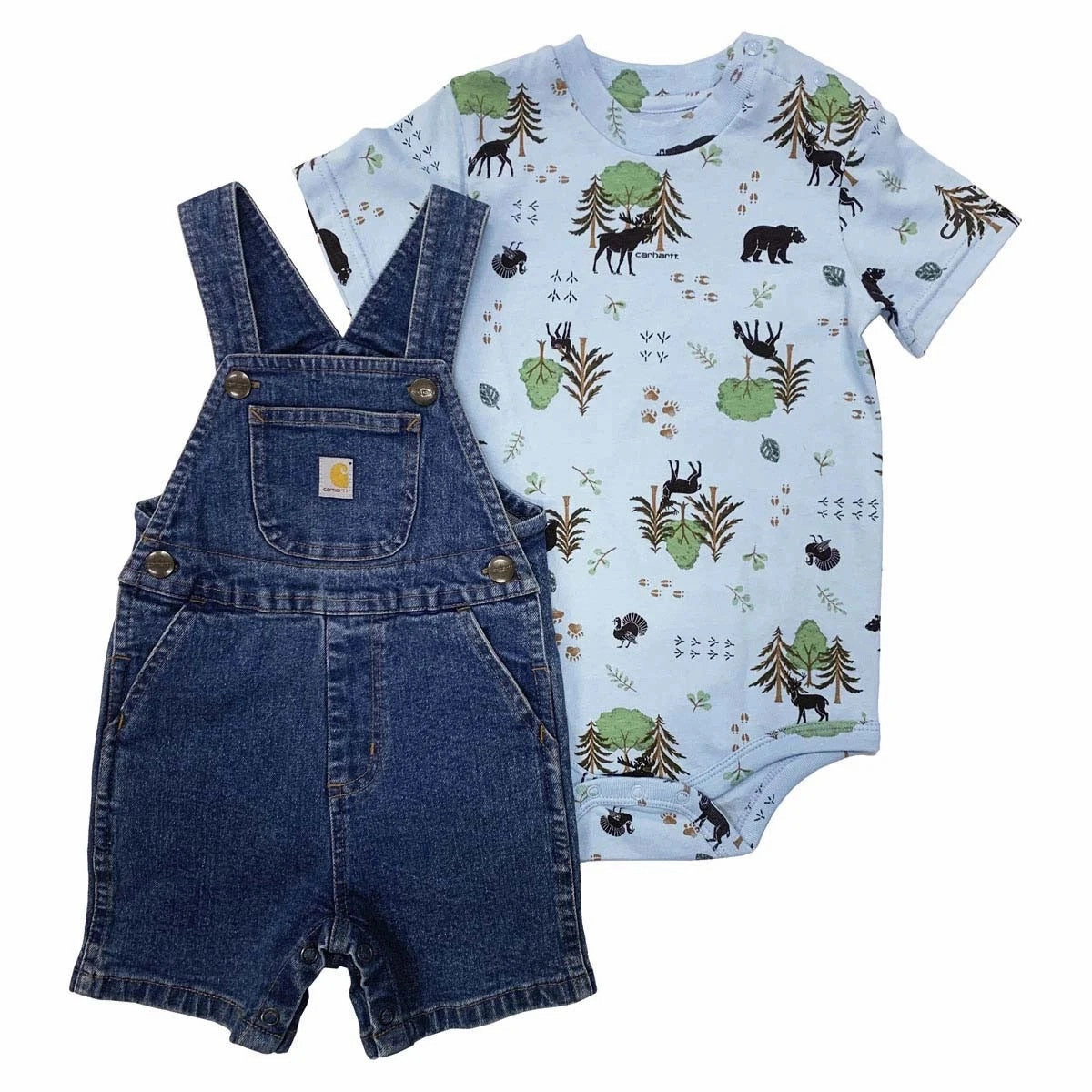 Ventilated Panels V-neck Shirt Baby Boys' 2-Piece Short-Sleeve Wildlife Bodysuit & Denim Shortall Set CG8917