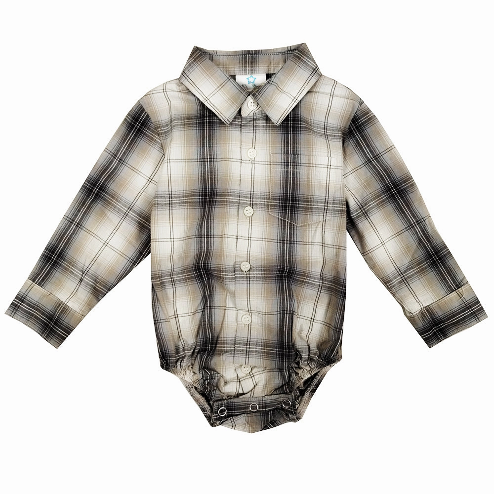 Baby Boys' Long-Sleeve Gray & Earth Tone Plaid Bodyshirt 4305 FlexibleMobility MultiPanel Design