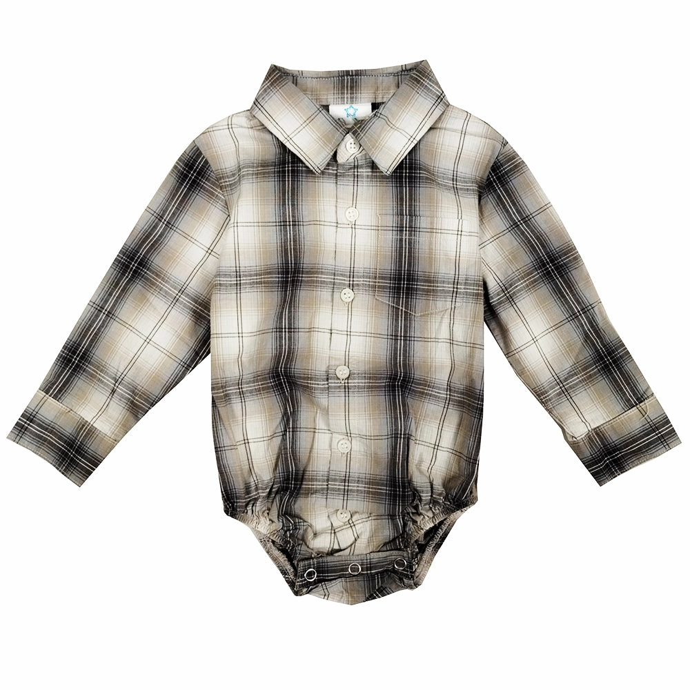 Baby Boys' Long-Sleeve Gray & Earth Tone Plaid Bodyshirt 4305 NoiseReduciting Zipper Quick Release Fastener