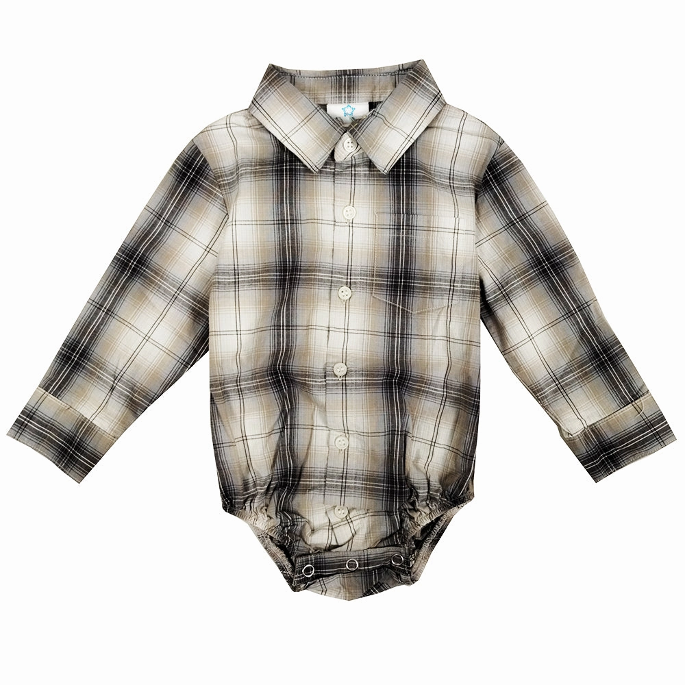 Reflective Accent Stripes Baby Boys' Long-Sleeve Gray & Earth Tone Plaid Bodyshirt 4305