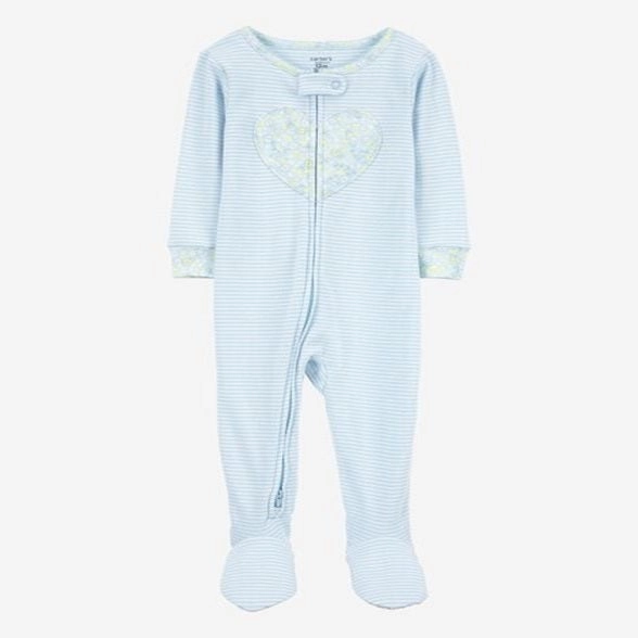 TaglessDesign Baby Girl Heart Striped Snug Fit Cotton Footie 1-Piece Pajamas - Blue 1S393210-969